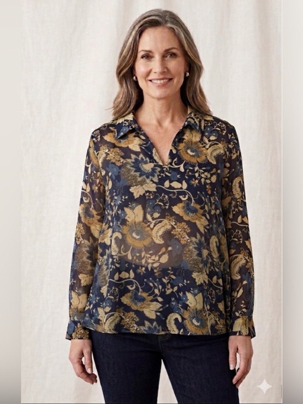 Soft Surroundings Sheer Floral V-Neck Blouse Size 1X Like New